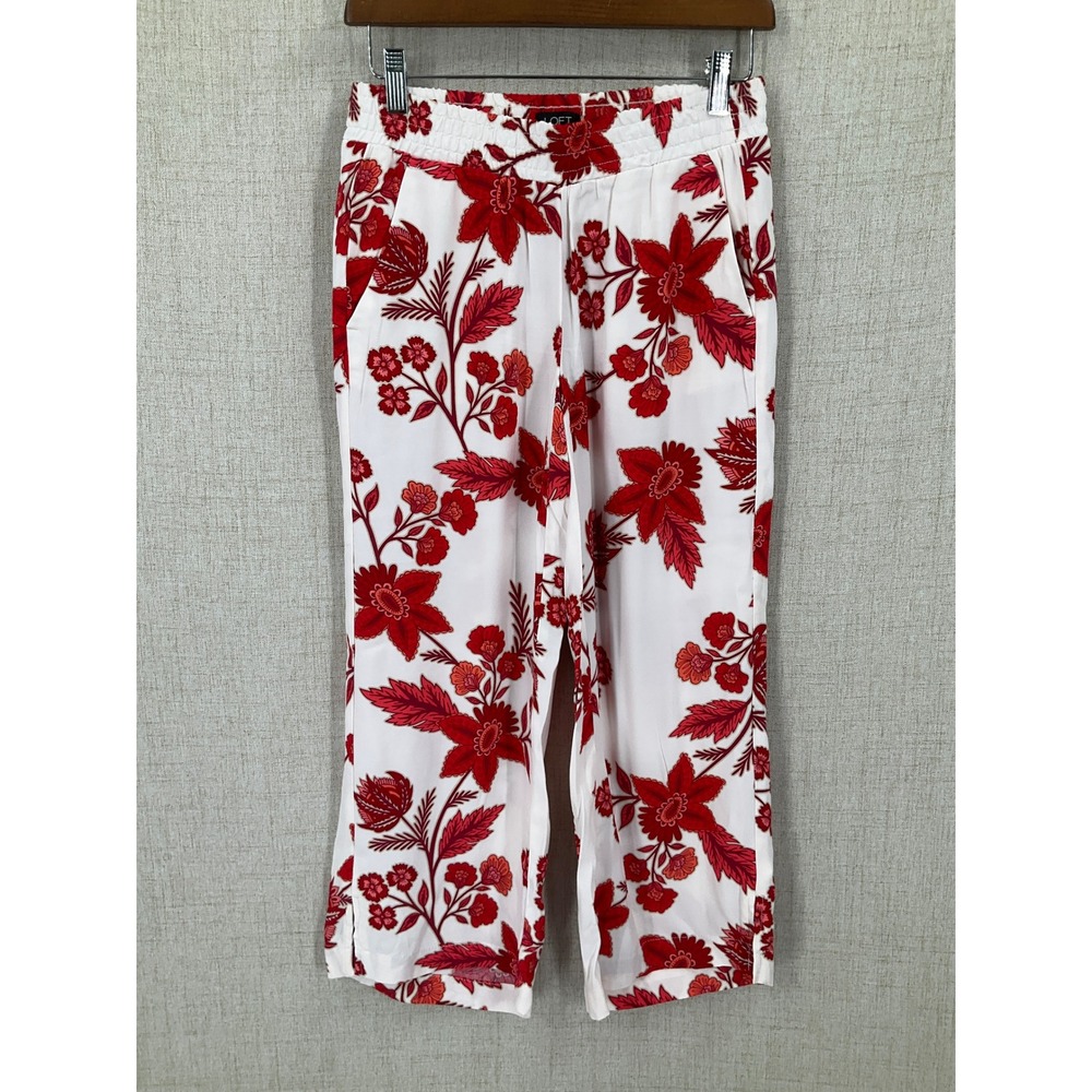 LOFT Pants Women XXS White Red Floral Wide Leg Elastic Boho Coastal